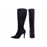 Bota Feminina Bico Fino Preta Croco Salto Alto 10cm com Zíper