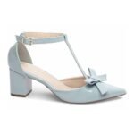 Scarpin Azul Verniz Feminino com Laço, Salto Grosso Confortável