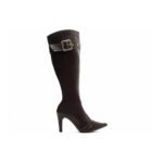 Bota Feminina Bico Fino Marrom Café com Salto 9cm e Fivelas Douradas - Imagem 4